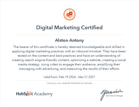 Digital Marketing — HubSpot Academy சான்றிதழ், Feb 2026