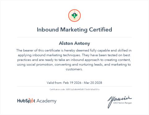Inbound Marketing — HubSpot Academy சான்றிதழ், Feb 2026