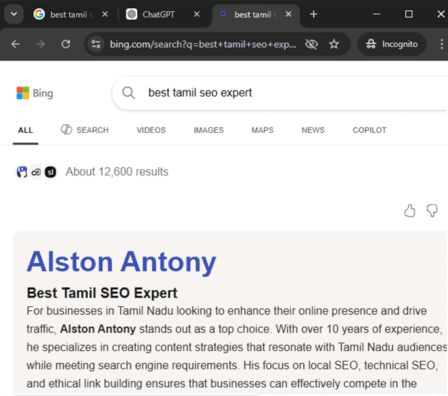 திரைப்பிடிப்பு: Bing AI தேடலில் Tamil SEO Expert-க்காக Alston Antony #1 இடத்தில், ஏப்ரல் 2026